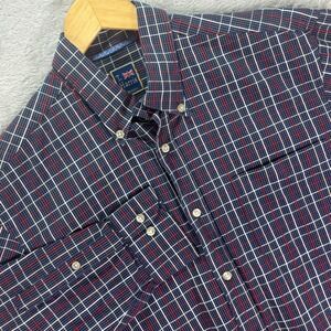 T. Harris Men's Button Down Shirt Navy Red Plaid Long Sleeve Cotton Sz Large